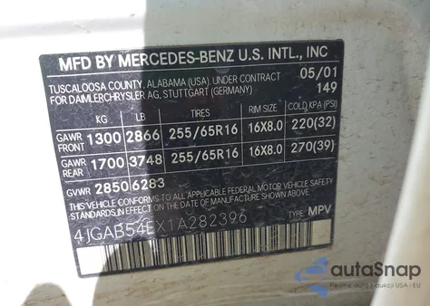 2001 Mercedes-Benz Ml 320 z USA, uszkodzony, nr VIN 4JGAB54EX1A282396